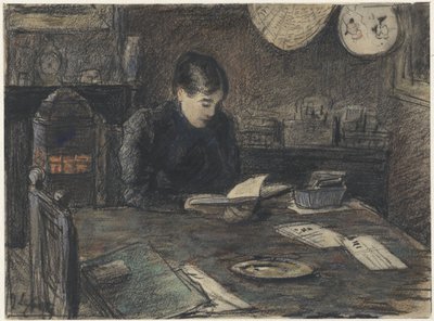 Kvinne leser ved et bord av Adolf le Comte