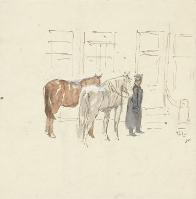 Mann med to hester foran en bygning av Adolf le Comte