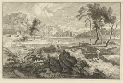 Arkadisk landskap med steiner og elv Italienske og tyske landskap (serietittel) av Adolf van der Laan
