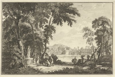 Arkadisk elvelandskap med figurer som tilber en statue Italienske og tyske landskap (serietittel) av Adolf van der Laan