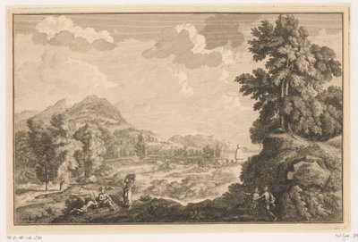 Arkadisk elvelandskap med hyrder og en kvinne med en skittentøyskurv Italienske og tyske landskap (serietittel) av Adolf van der Laan