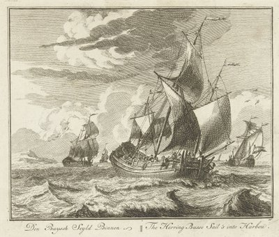 Silderør seiler hjem, ca 1725 Den Buysch Seyld Binnen / The Herring Busse Sail