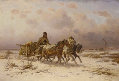 En bonde i en slede som kjører tre hester av Adolf van der Venne