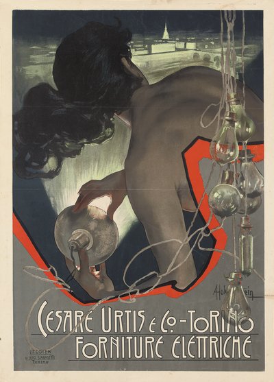 Reklameplakat produsert for det italienske lysforsyningsfirmaet Cesare Urtis & Co. i Torino, 1889 av Adolfo Hohenstein