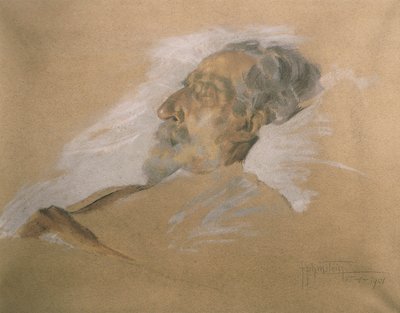 Giuseppe Verdi på dødsleie (blyant med vask og hvit forhøyning på papir) av Adolfo Hohenstein
