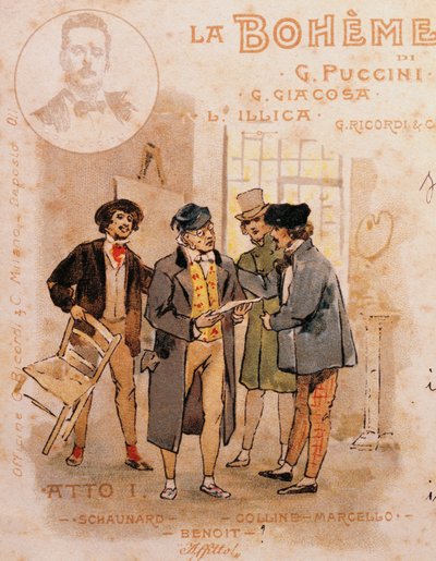 Postkort av Adolf Hohenstein (1854-1928) for første forestilling av La Boheme av Adolfo Hohenstein