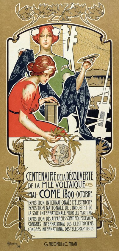 Plakat som reklamerer for hundreårsdagen for oppdagelsen av den voltaiske haugen, 1899 av Adolfo Hohenstein