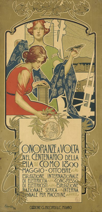 Plakat som reklamerer for utstillingen av elektriske produkter holdt til ære for 100-årsjubileet for fødselen til Alessandro Volta av Adolfo Hohenstein