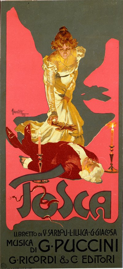 Plakat i Liberty-stil for operaen «La Tosca» av Giacomo Puccini (1858-1924) 1906 Dim. 30x13,5 cm Illustrasjon av Adolfo Hohenstein (1854-1928) Milan Private Collection av Adolfo Hohenstein