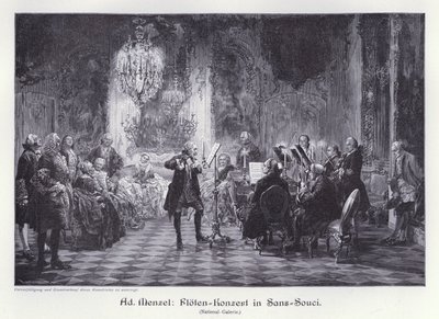 Fløytekonsert i Palace of Sanssouci, Potsdam, Preussen (gravering) av Adolph Friedrich Erdmann von (after) Menzel