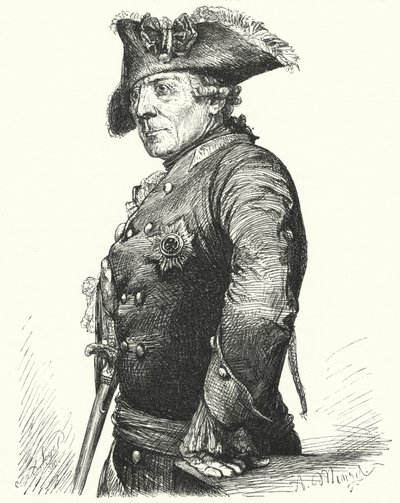 Fredrik den store, konge av Preussen (gravering) av Adolph Friedrich Erdmann von (after) Menzel