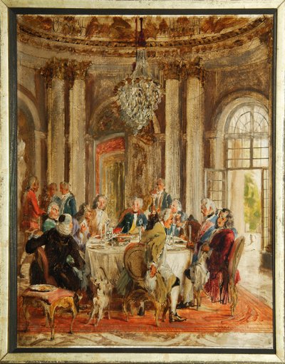 Det runde bordet til Frederic II av Preussen (1712-1786) med Voltaire (Francois-Marie (Francois Marie) Arouet de Voltaire (1694-1778) og Christoph Ludwig von Stille (1696-1752) ved Sanssouci-palasset - Skisse av Adolph Friedrich von Stille Menzel (1815-190 av Adolph Menzel