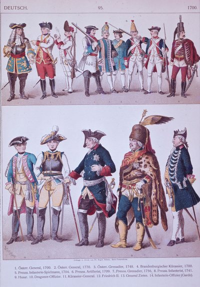 Preussiske grenaderer fra Fredrik den stores tid (farge litho) av Adolph Menzel