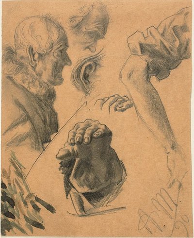 Skisser av hender, armer og hoder av Adolph Menzel