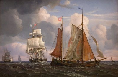 Skip som seiler og slår mot vinden i sundet av Adolph Friedrich Vollmer