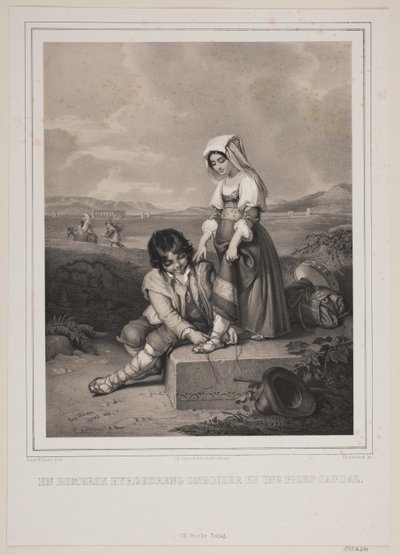 En romersk gjetergutt binder en ung jentes sandal. av Johan Adolph Kittendorff