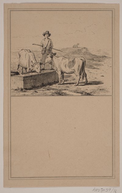 Kua ved vanning. Nei. 15 i Chr. Winther og M. Rørbye, "25 bilder for små barn" av Johan Adolph Kittendorff