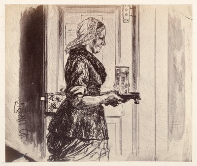 Tjenestepiken kommer inn i rettssalen med glasset med vann som Adam har bestilt, fra Heinrich von Kleists «Den knuste krukken» av Adolph Menzel