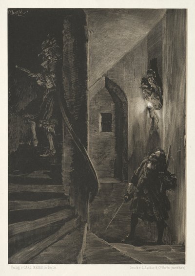Essay om stein med børste og skraper: Chase on the Winding Staircase, 1851. av Adolph Menzel
