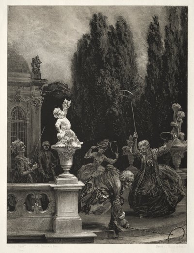 Essay om stein med børste og skraper: Spille ved bøyler på slottsterrassen, 1851. av Adolph Menzel