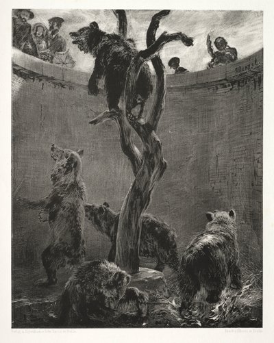 Essay om stein med børste og skraper: Bjørnegropen, 1851. av Adolph Menzel