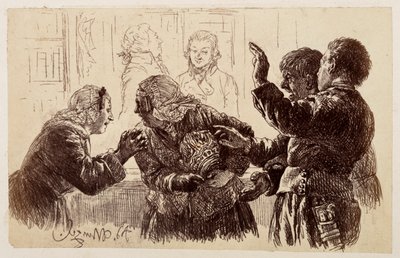 Marthe, med krukkefragmentene i armene, står mellom Veit og Ruprecht, mens Eve bønnfaller moren om å avstå fra å klage, etter Heinrich von Kleists «Den knuste krukken» av Adolph Menzel