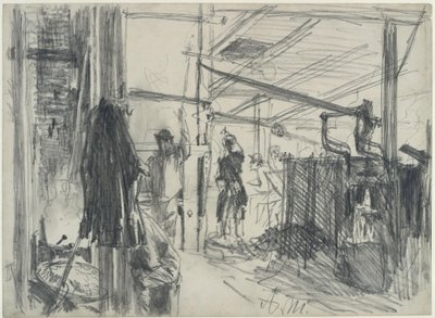 Maskinrommet i valseverket. Studie om «Jernvalseverket. Moderne kykloper» av Adolph Menzel