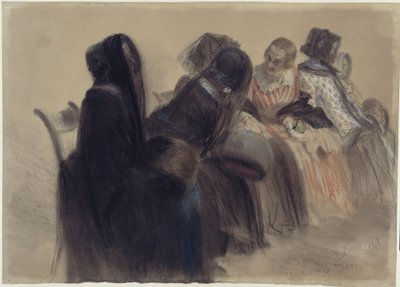 Musikalsk kveldssamling: seks damer sitter på stoler i en rekke som strekker seg mot høyre og inn i dybden, noen av dem i samtale av Adolph Menzel
