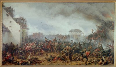 Forsvaret av gården La Haye Sainte, slaget ved Waterloo, Napoleons endelige nederlag (olje på lerret) av Adolph Northen