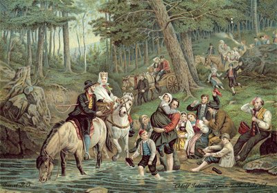 Norsk scene (farge litho) av Adolph Tidemand