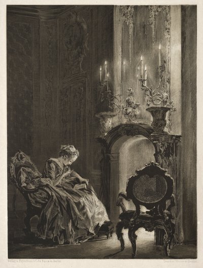 Essay om stein med børste og skraper: kvinne som leser ved bålet av Adolph Menzel
