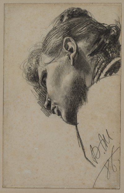 Hodet til en ung kvinne sett nedenfra av Adolph Menzel
