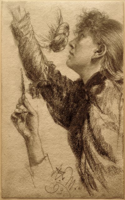 Studie av en ung kvinne med løftet arm av Adolph Menzel