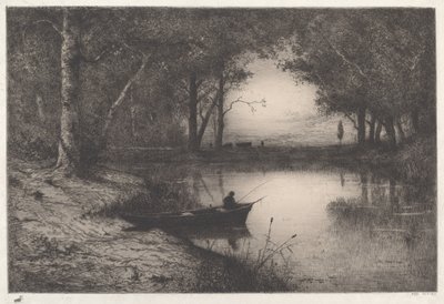 En fisker i en skogkledd dam om kvelden av Adolphe Appian