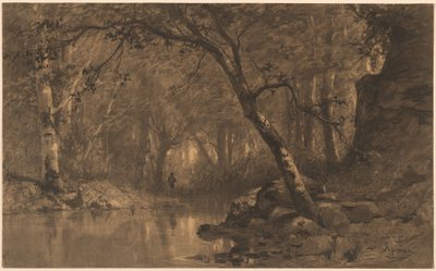 En Woodland River med en fisker av Adolphe Appian