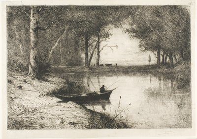 Fisker i en båt ved elvebredden av Adolphe Appian