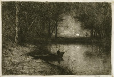 Fisker i en robåt, ved kanten av en elv av Adolphe Appian