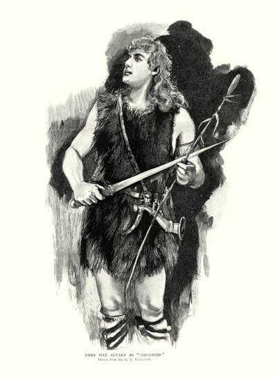 Den tyske tenoren Max Alvary som Siegfried i Richard Wagners opera Die Walkure ved Royal Opera House, Covent Garden, London (litho) av Adolphe Birkenruth