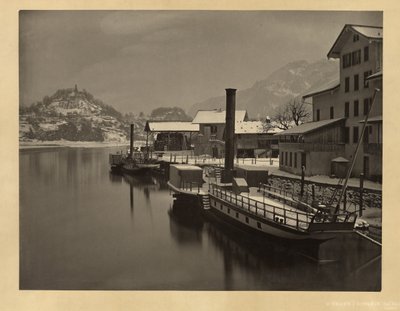 Dampskip på innsjøen i vinterfortøyning, Sveits av Adolphe Braun