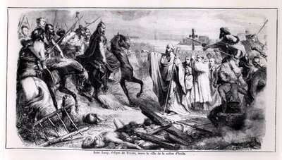 St. Loup forsvarer byen Troyes mot Huneren Attila (ca. 406-453) på sin hest, illustrasjon fra Frankrikes historie, 2. halvdel av 1800-tallet (bw-foto) av Adolphe Francois Pannemaker