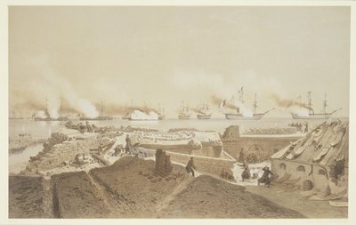Bombardement av Kil-Bouroun ved munningen av elven Dnepr av den franske flåten, fra Nos Souvenirs de Kil-Bouroun anheng LHiver passe dans Le Liman du Dnieper, 1855-56, gravert av Eugene Ciceri (1 av Adolphe Jean Baptiste Bayot and Antoine Leon Morel Fatio