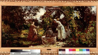 En elegante og hennes hushjelp ved brønnen Maleri av Adolphe Monticelli (1824-1886) Dim. 34,5x69,5 cm Obligatorisk omtale: Samlingsstiftelsen hilsen Provence, Marseille av Adolphe Joseph Thomas Monticelli