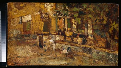 Gårdsplass med et esel og haner av Adolphe Joseph Thomas Monticelli