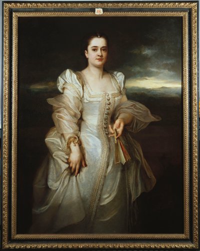 Portrett av en dame iført en hvit kjole brodert med perler av Adolphe Joseph Thomas Monticelli