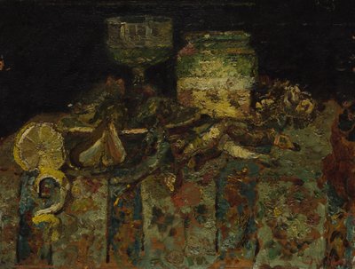 Stilleben: Østers, fisk, ca. 1880 av Adolphe Joseph Thomas Monticelli