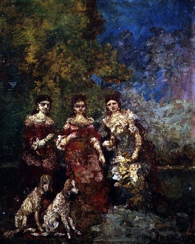 Tre kvinner (olje på lerret) av Adolphe Joseph Thomas Monticelli