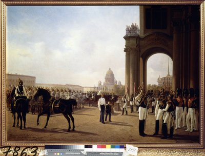Militærparade på Palace Square i St. Petersburg (Parade på Palace Square i St Petersburg). Maleri av Adolphe Ladurner (1798-1856), olje på lerret av Adolphe Ladurner