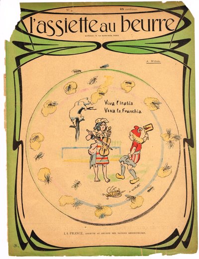 Omslag av "" L'Plate au beurre"", satirisk i farger av Adolphe Leon Willette