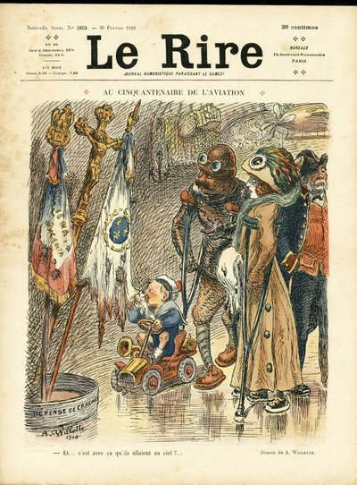 Illustrasjon av Adolphe dit Willette (1857-1926) for omslaget til Le Rire, 26/02/10 - Ved femtiårsjubileet for luftfart - Luftfart, mote, hatt, ulykker Katastrofer av Adolphe Leon Willette