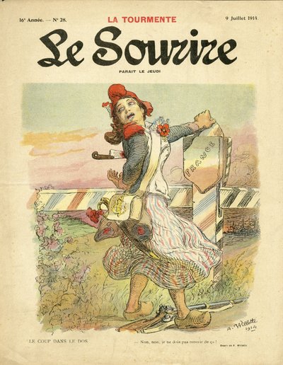 Illustrasjon av Adolphe dit Willette (1857-1926) for omslaget til Le Smile, nr. 28, 09/07/14 - Slaget i ryggen - Nasjonalisme, fransk revolusjon, krigen av 14-18 første mus, Borders - Marianne av Adolphe Leon Willette